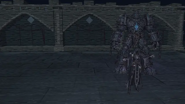 In-engine render of an iron golem standing in a stone chain prison.
