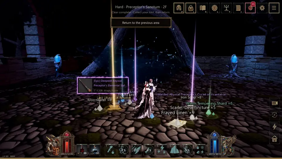 Gameplay screenshot: loot spilling across the floor after a boss falls, with item names and rarity colors.