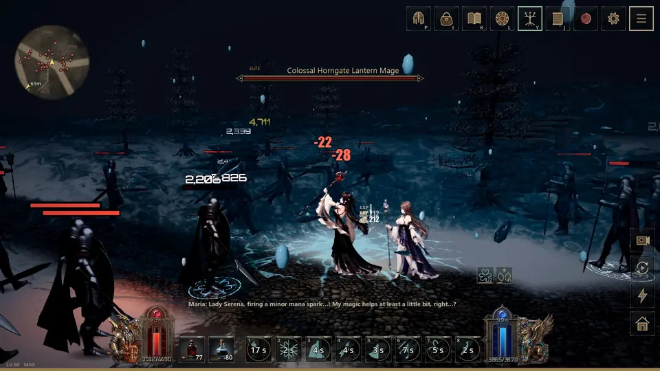 Gameplay screenshot: Serena fighting a Lantern Mage in a moonlit graveyard.