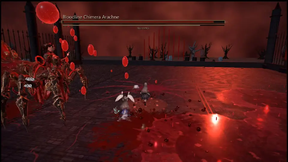 Gameplay screenshot: a boss battle against Bloodline Chimera Arachne in a crimson arena.
